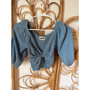 Urban Outfitters Blue Ribbed Knit Puff Sleeve Front Knot Crop Top S-P
